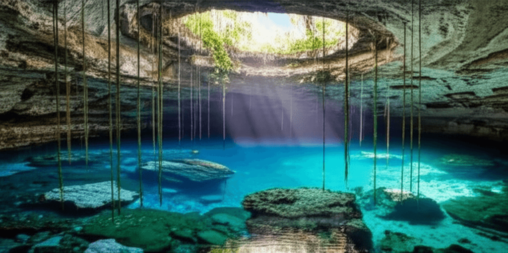 Cenote de agua cristalina en Yucatán con rayos de luz natural